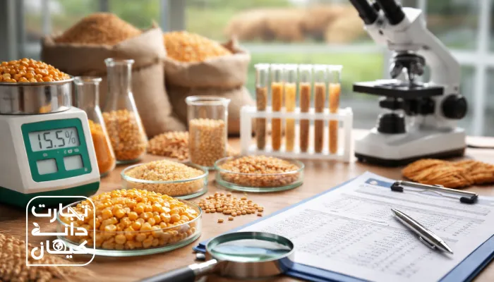 نمونههای ذرت و سویا روی میز آزمایشگاه کنترل کیفیت خوراک دام، همراه با ترازوی دیجیتال نمایشدهنده درصد رطوبت، میکروسکوپ، لولههای آزمایش و برگه آنالیز برای ارزیابی کیفیت و ترکیب نهادهها؛ لوگوی تجارت دانه کیهان در گوشه تصویر.